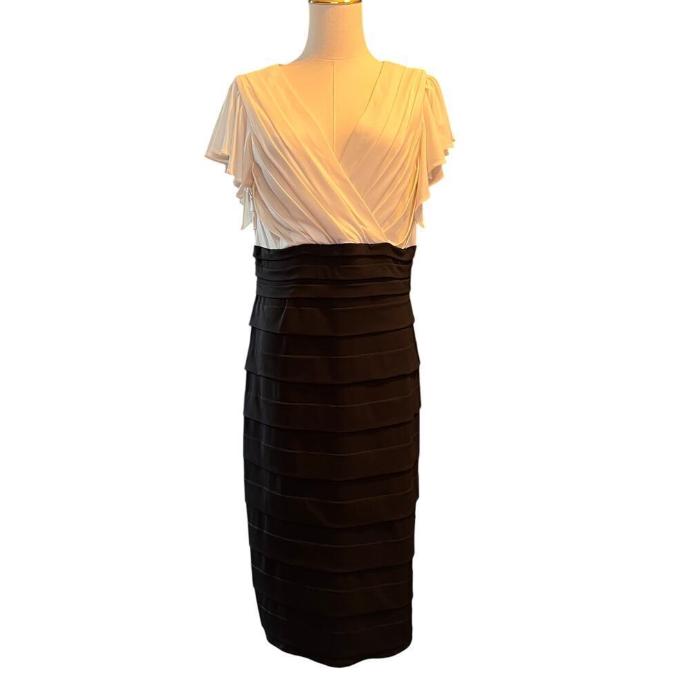 Melrose Womens Black White Colorblock Flutter Sleeve Pleated Sheath Dress Sz 14